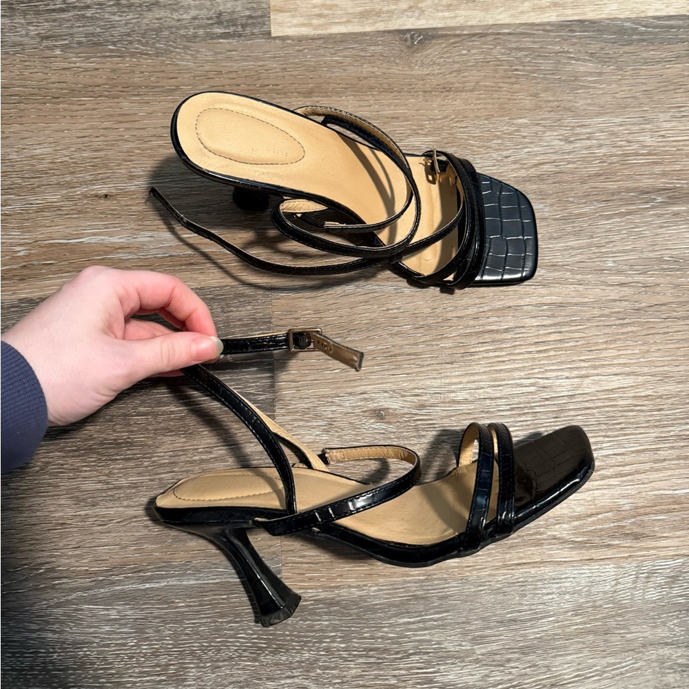 Black Croc-Embossed Strappy Heels